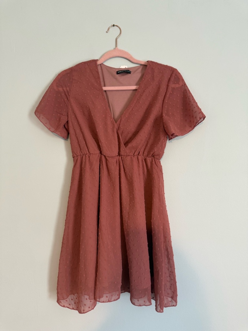 SHEIN Curve Swiss Dot Surplice Neck Dress Dusty Rose Sz XS